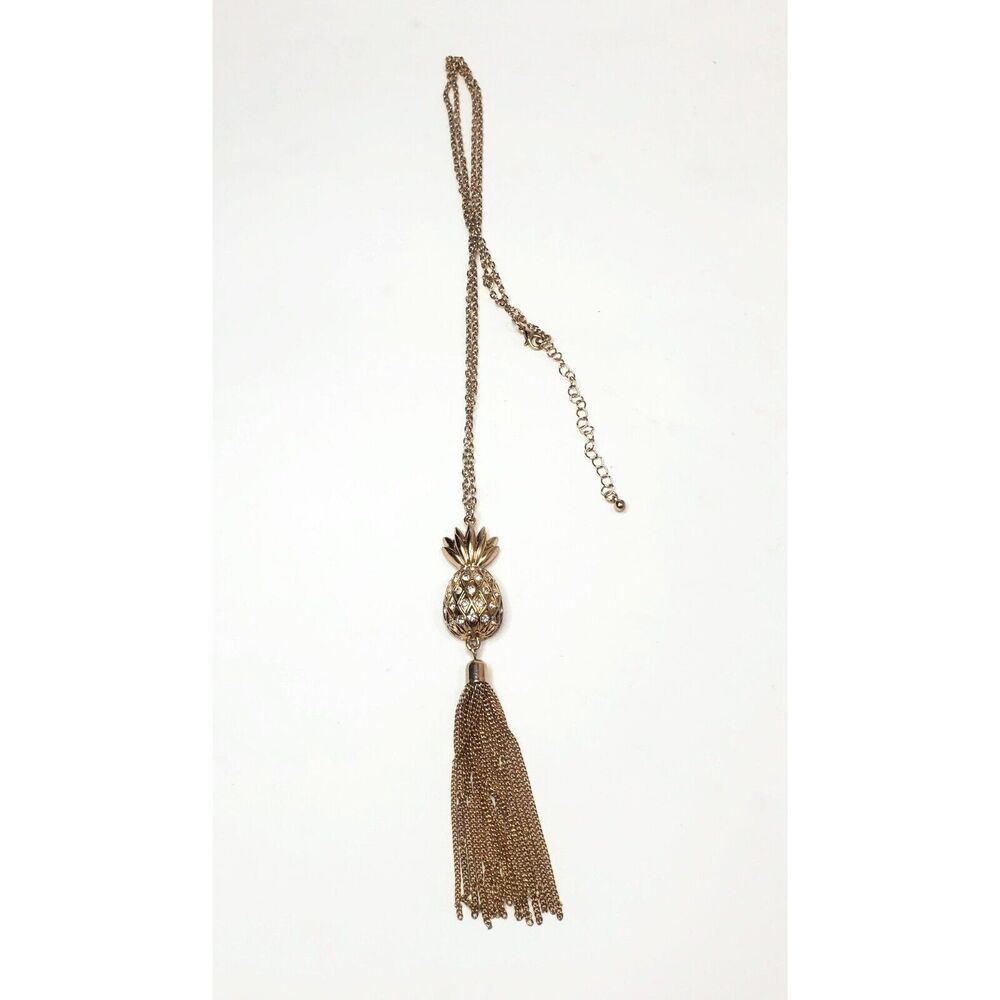 Gold Tone Rhinestone Encrusted Pineapple Tassel Necklace 34"